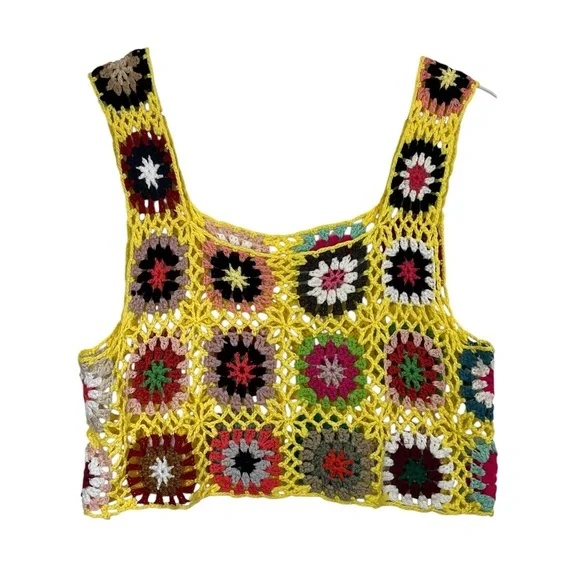 VTG Crochet Granny Square Crop Tank Top Multicolor Boho Festival Size Small - Picture 1 of 6